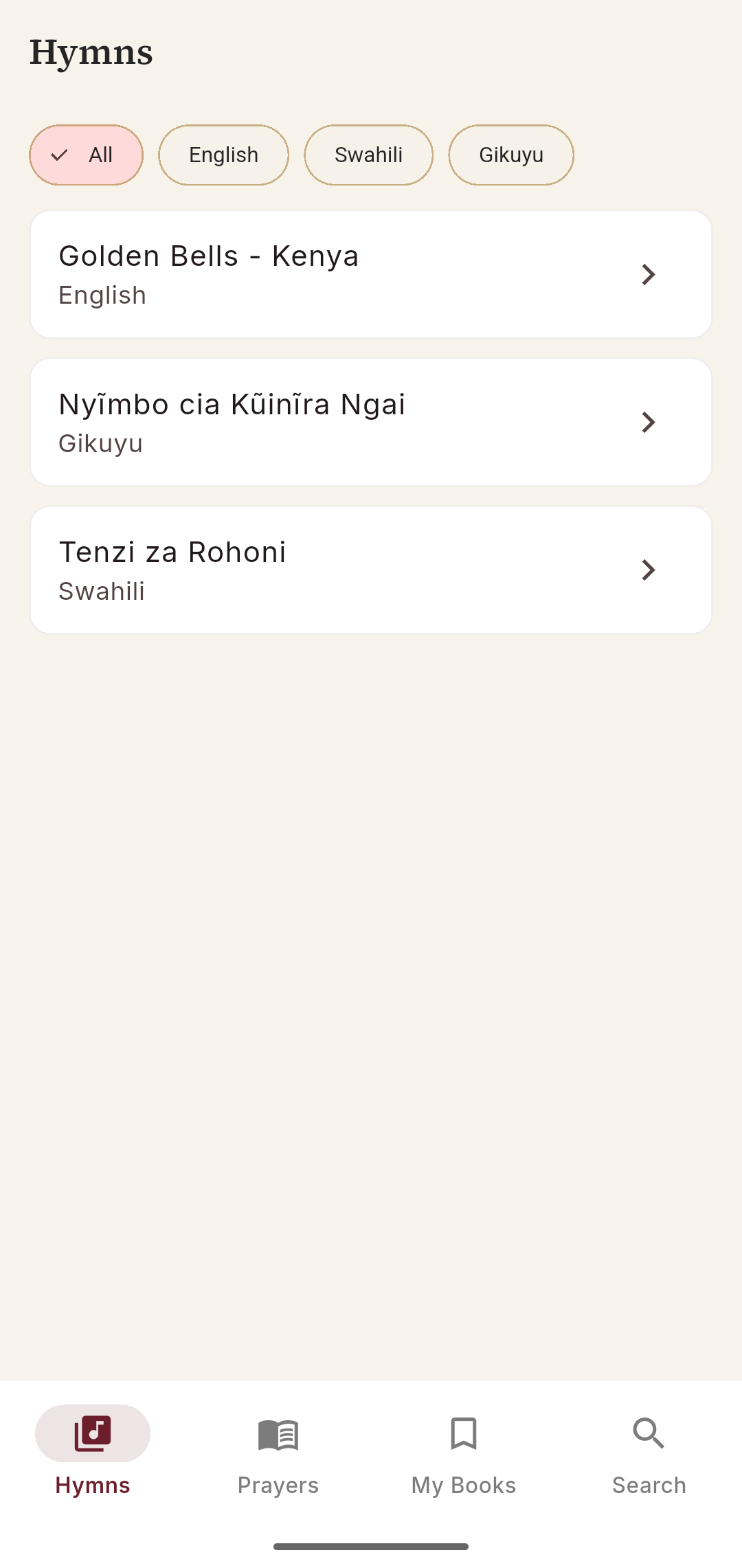 Golden Bells, Tenzi za Rohoni, and Nyĩmbo cia Kũinĩra Ngai hymnals in Anglican Companion