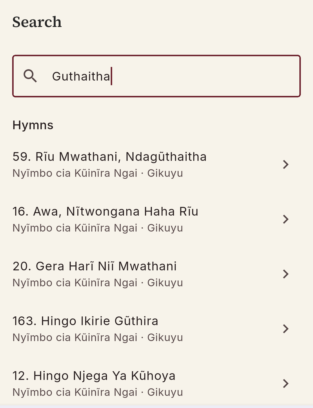Diacritic-insensitive search across Gĩkũyũ, Kiswahili, and English hymns in Anglican Companion